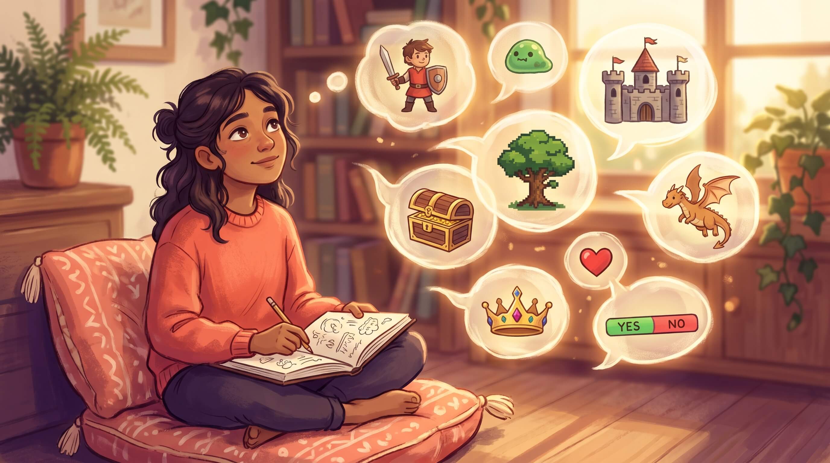 A young person sketching in a notebook on a cozy cushion, surrounded by floating thought bubbles full of fantasy game elements — a hero with a sword, a slime, a castle, a treasure chest, a tree, a dragon